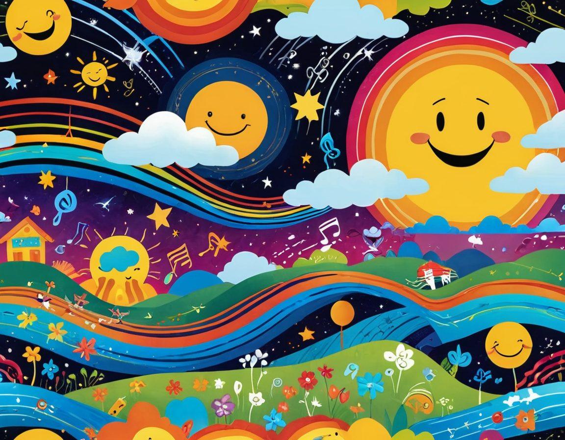 A whimsical landscape representing a vibrant universe of happiness, featuring cheerful cartoon characters, colorful radio waves radiating joy, and musical notes dancing through the air. Include a shining sun with a smiley face, fluffy clouds, and playful animals engaging with joyful activities. The overall atmosphere should exude positivity and delight. cartoon style. vibrant colors. high contrast.