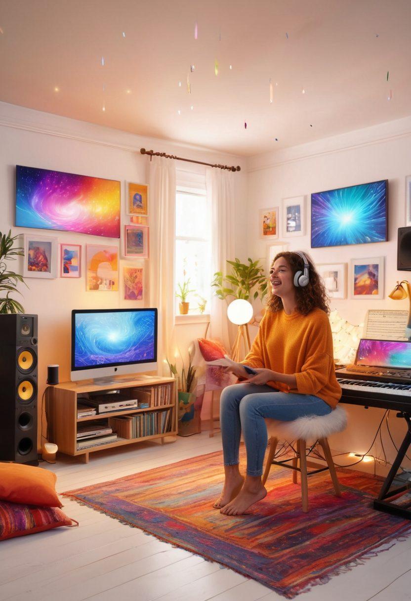 A vibrant scene depicting a person joyfully broadcasting from a cozy, well-decorated home studio, surrounded by colorful soundwaves and digital screens displaying happy streaming content. The atmosphere is full of light and warmth, radiating happiness and creativity. Include elements of music notes and swirling light patterns to symbolize bliss. super-realistic. vibrant colors. white background.