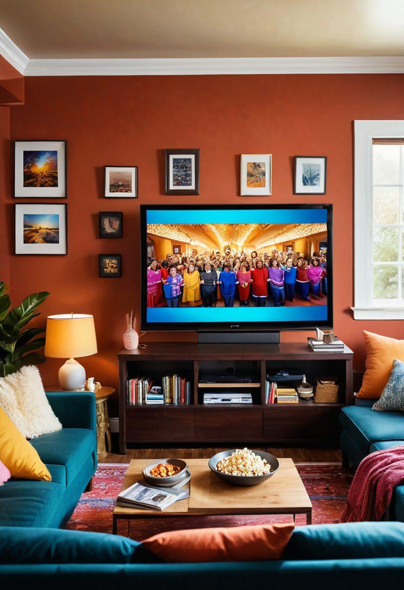 A vibrant scene depicting a cozy living room bathed in warm, inviting light, featuring a comfortable sofa with colorful throw pillows, a large flat-screen TV displaying a happy family watching a popular movie, popcorn bowls scattered around, and cheerful artwork on the walls. The atmosphere exudes joy and togetherness, symbolizing premium entertainment. super-realistic. vibrant colors. warm tones.